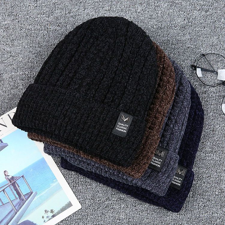 hat men‘s winter korean style men‘s knitted hat fleece-lined thickened woolen cap winter pullover hat trendy warm hat