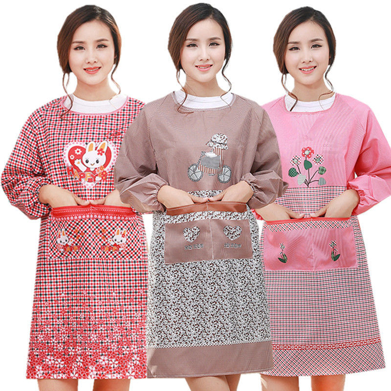 Korean Style Apron Women's Long Sleeve Anti-Fouling Oil-Proof Men's and Women's Overclothes Bib Waist Skirt Kitchen Cooking Mom Wear Work