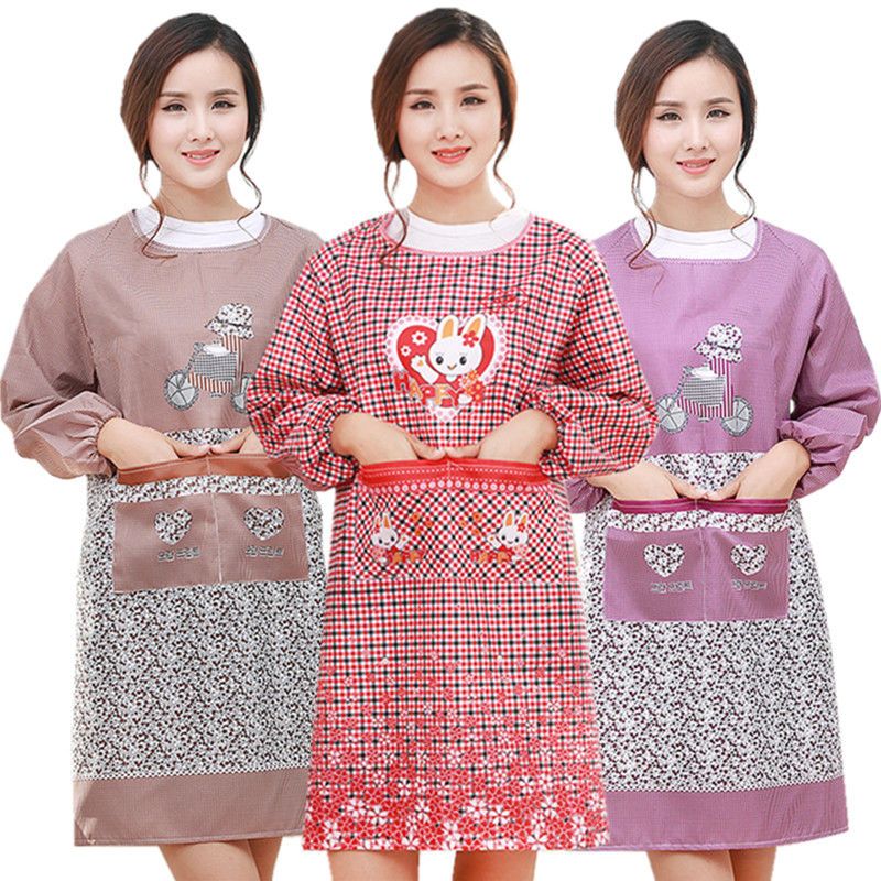 Korean Style Apron Women's Long Sleeve Anti-Fouling Oil-Proof Men's and Women's Overclothes Bib Waist Skirt Kitchen Cooking Mom Wear Work