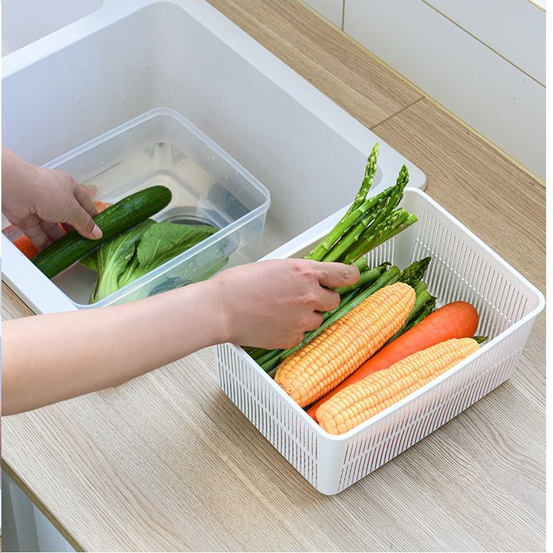 Household Refrigerator Double-Layer Crisper Storage Box Kitchen Fruit and Vegetable Food Sealed Frozen with Lid Draining Basin Storage Box
