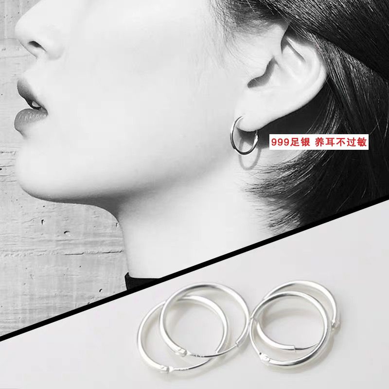 silver ear ring women‘s 999 sterling silver small earrings round face versatile korean style daily earrings ear-caring anti-allergy simple stud earrings