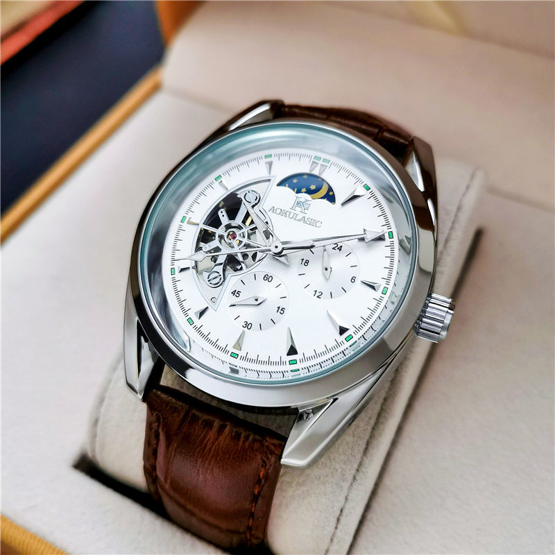 automatic mechanical watch luminous waterproof men‘s watch tourbillon moon phase second plate casual business fashion trend watch