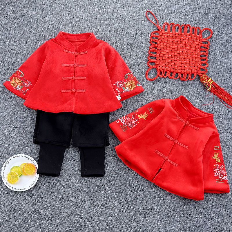 儿童男女宝宝新年拜年服唐装三层夹棉冬季新款加绒加厚喜庆套装红