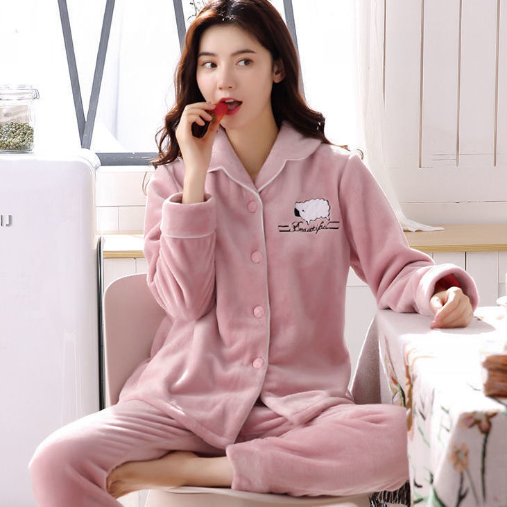 autumn and winter thickened pajamas thick warm women‘s flannel cardigan plus-sized coral fleece cute korean style home wear