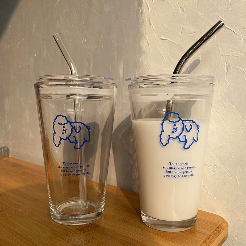 ins cute puppy glass juice milk water glass girly simplicity good-looking lid straw heat-resistant creative