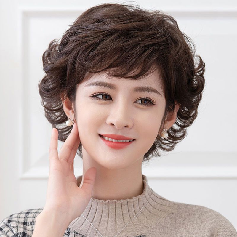 假发女短发中长卷发自然蓬松妈妈短卷发型真人发丝中老年假发套【2月