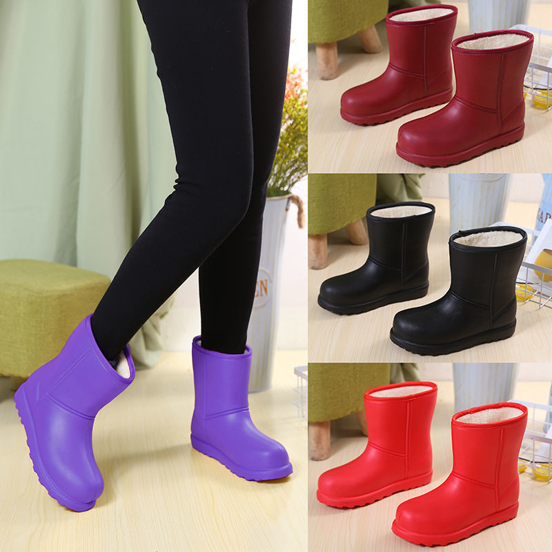 waterproof fleece-lined snow boots women‘s mid-calf rain shoes oil-proof warm rubber boots women‘s rubber shoes kitchen winter cotton plus rain boots