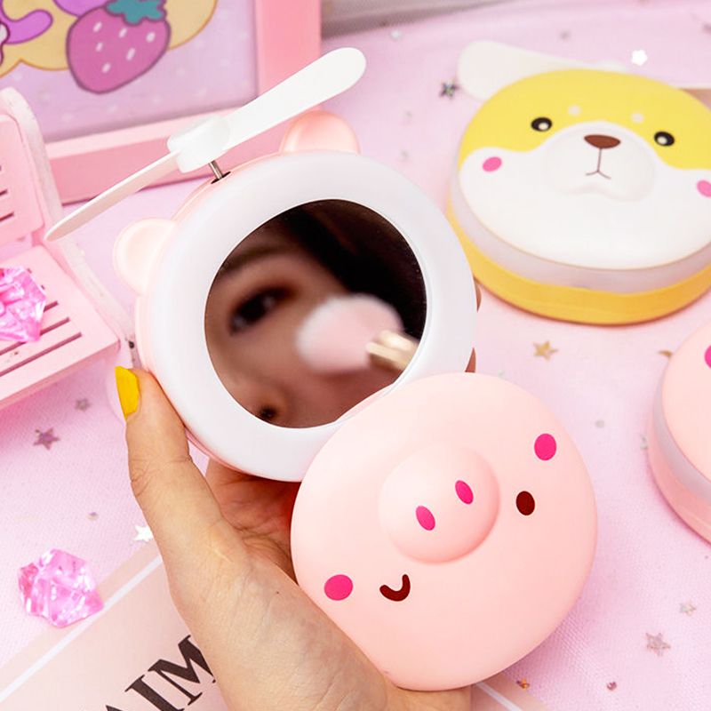 Tiktok Same Style Piggy Makeup Mirror Usb Small Fan with Makeup Mirror Led Fill Light Beauty Portable Rechargeable