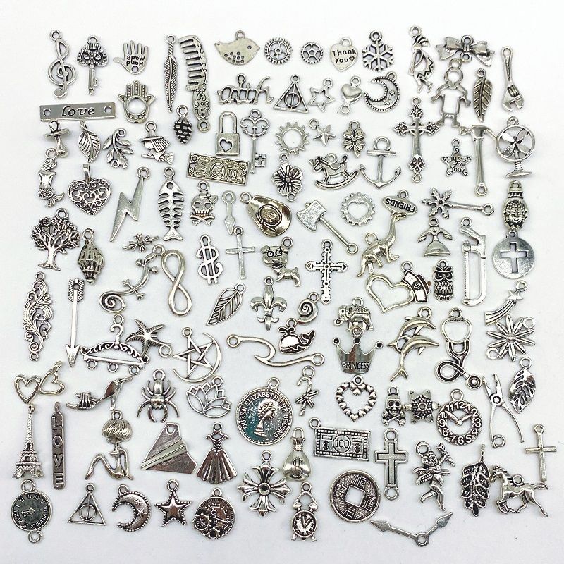 100 new accessories handmade diy vintage silver small pendant earrings/stud earrings necklace keychain metal ingredients