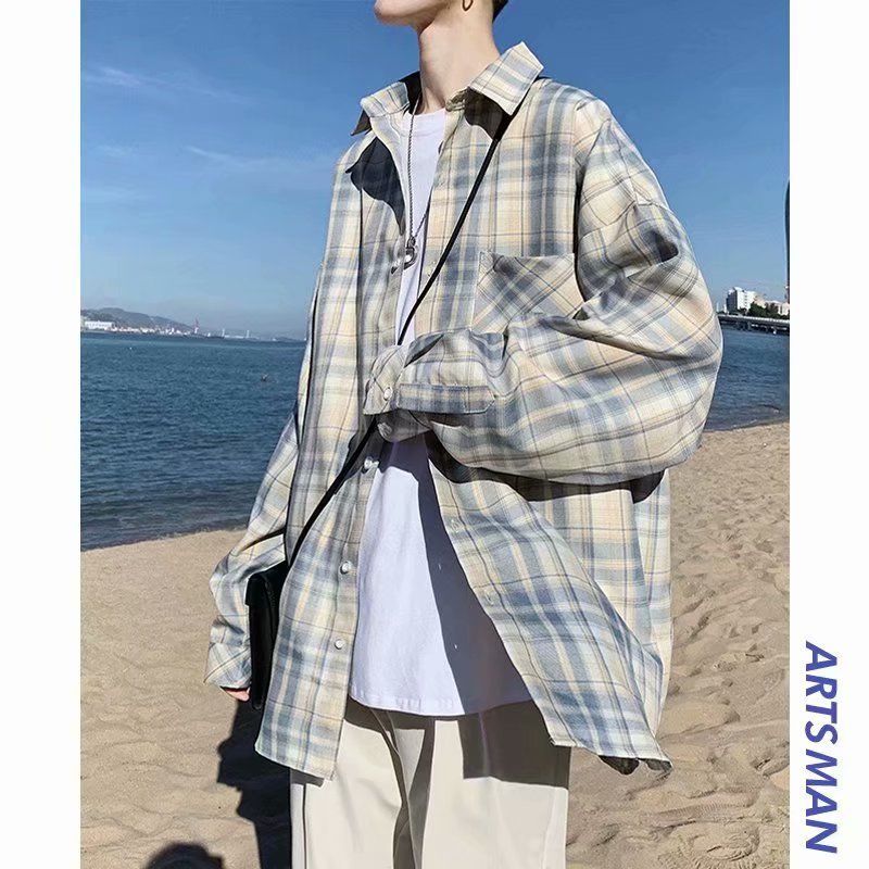 coat men‘s fashionable ins all-matching shirt men‘s spring and autumn ins korean style loose plaid hong kong style blouse all-match fashionable top