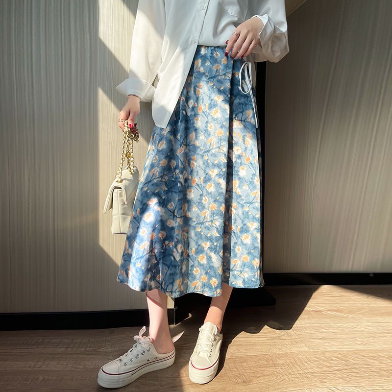 oil painting style floral skirt women‘s mid-length 2022 spring and summer new high waist small elastic waist large swing umbrella skirt