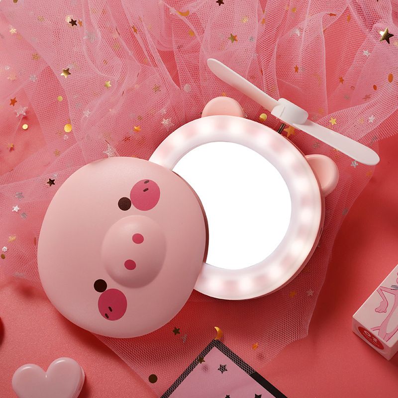 Piggy Ins Makeup Mirror Usb Rechargeable Artifact Foldable and Portable Cartoon Cute Mini Led Light Little Fan