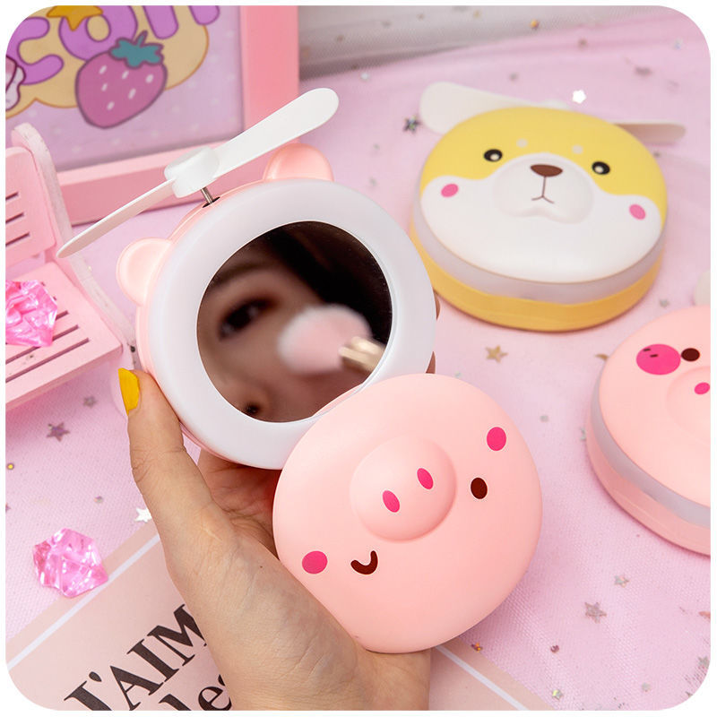 Piggy Ins Makeup Mirror Usb Rechargeable Artifact Foldable and Portable Cartoon Cute Mini Led Light Little Fan