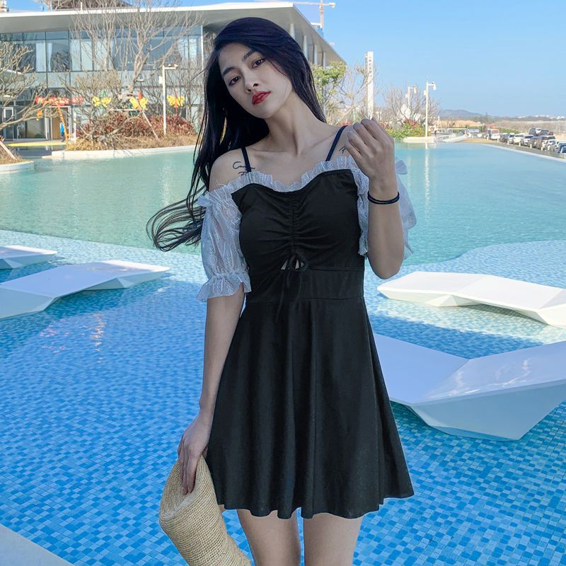 swimsuit female 2023 skirt siamese conservative fairy style hot spring fresh student small chest gathered thin swimming suit