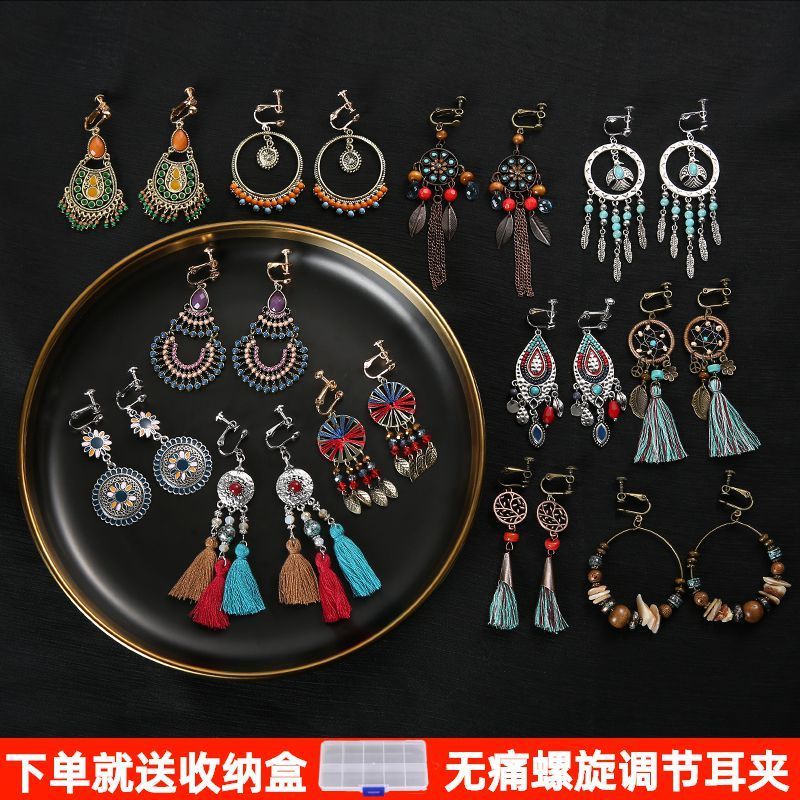 special-interest design high-grade retro ear clip women‘s earless ins hong kong style earrings ethnic style long fringe earrings