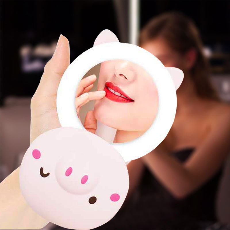 Piggy Cosmetic Mirror Folding Makeup Mirror Usb Portable Portable Cute Mini Led Light Little Fan Rechargeable Ins