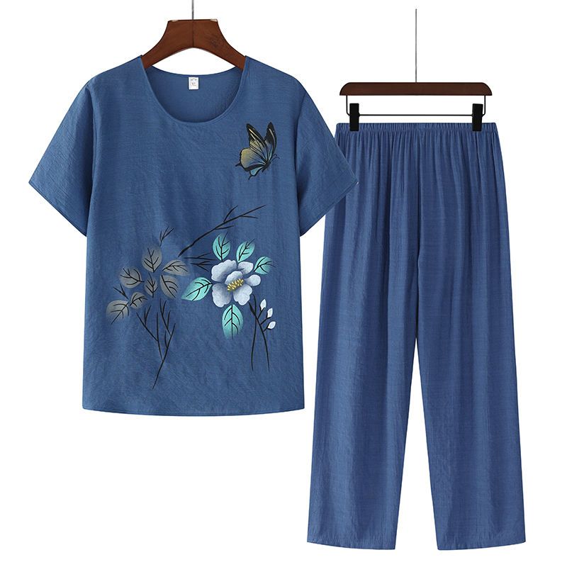 middle-aged and elderly summer pure cotton linen suit casual rge size mom‘s clothing printed butterfly grandma two-piece cropped pants