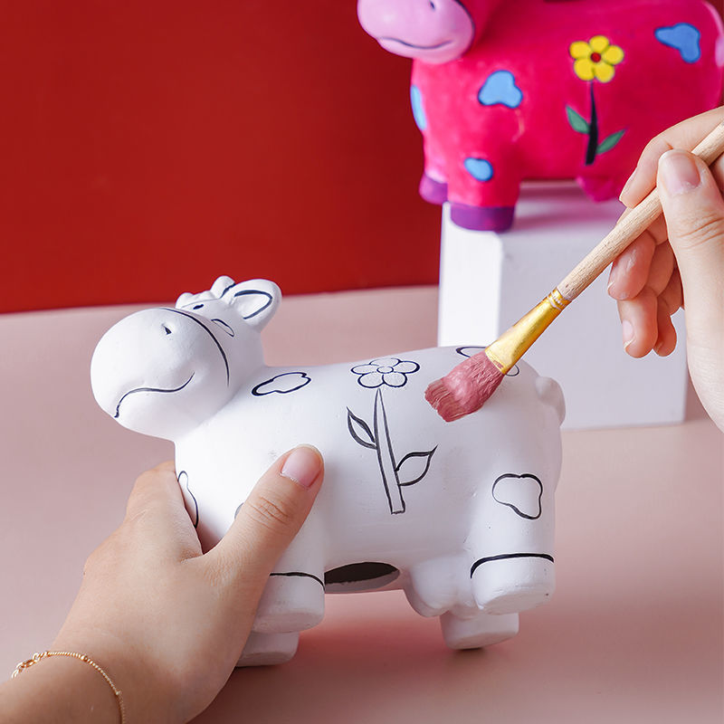 Year of the Ox Mascot Mother and Baby Opening Gift Decoration Children's Handmade Diy Painted Plaster Doll Ceramic Coin Bank