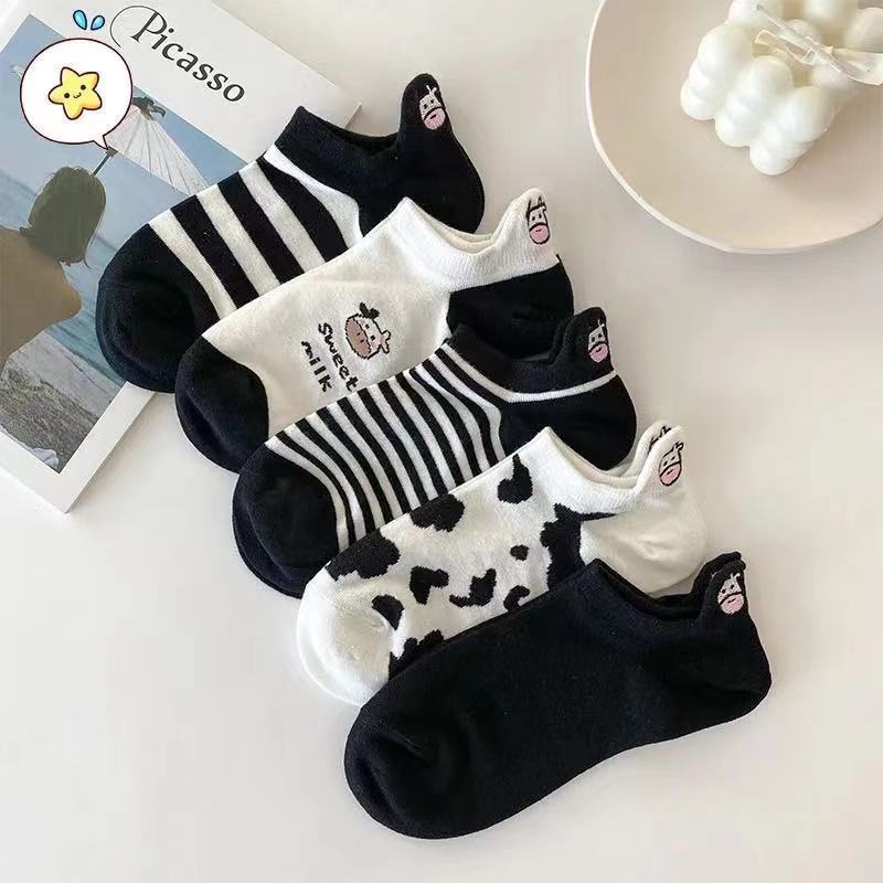 [Nanjiren 5 Pairs] Summer Cow Cotton Sock Women's Boat Socks Thin Shallow Mouth Black White Japanese Ins Trendy Socks