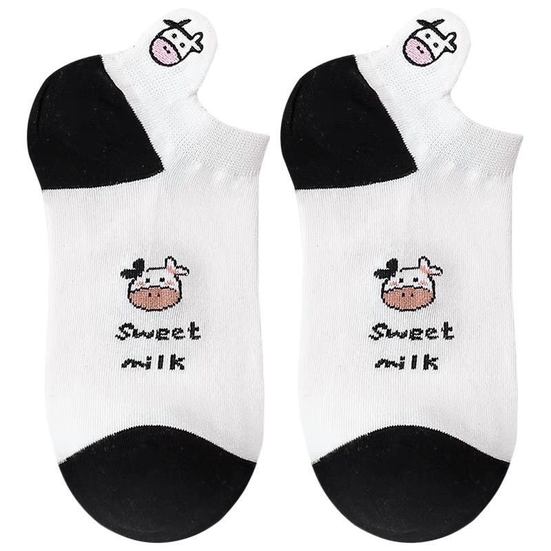 [Nanjiren 5 Pairs] Summer Cow Cotton Sock Women's Boat Socks Thin Shallow Mouth Black White Japanese Ins Trendy Socks