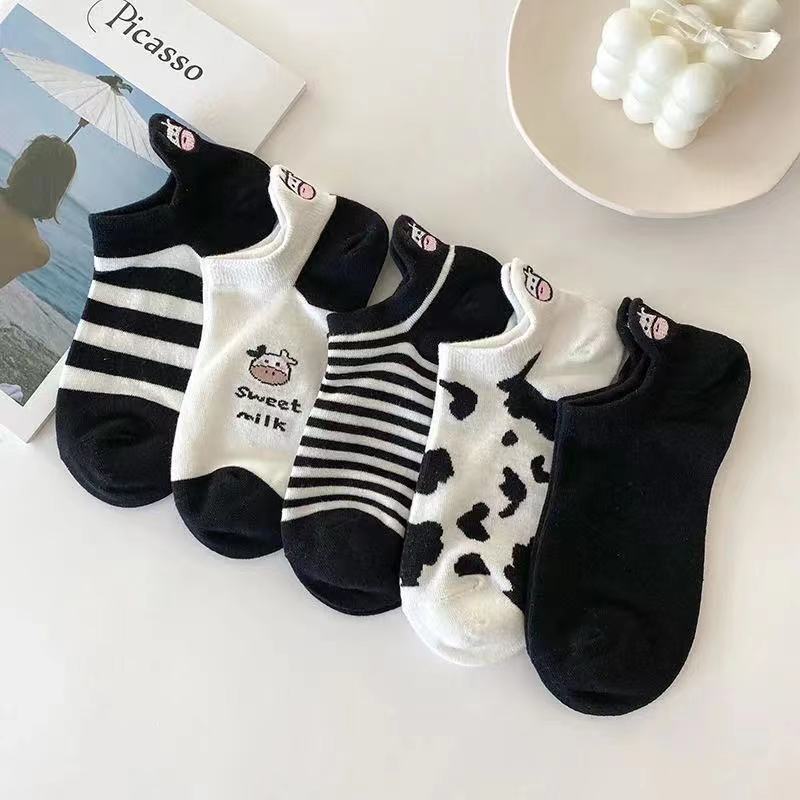 [Nanjiren 5 Pairs] Summer Cow Cotton Sock Women's Boat Socks Thin Shallow Mouth Black White Japanese Ins Trendy Socks