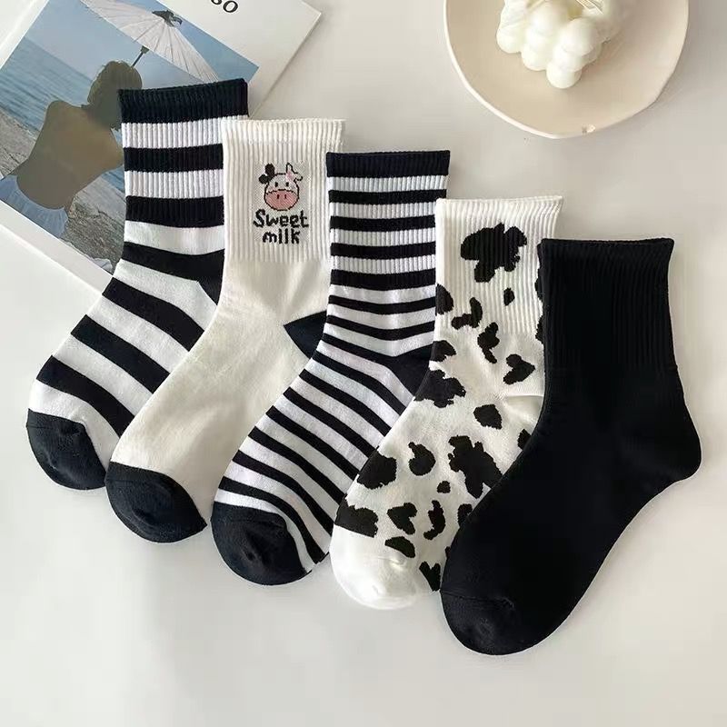 [Nanjiren 5 Pairs] Summer Cow Cotton Sock Women's Boat Socks Thin Shallow Mouth Black White Japanese Ins Trendy Socks