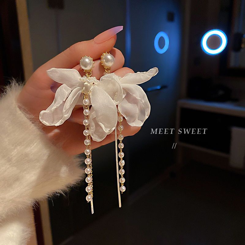 fabric bow pearl tassel earrings elegant super fairy long earrings korean temperament internet celebrity earrings for women