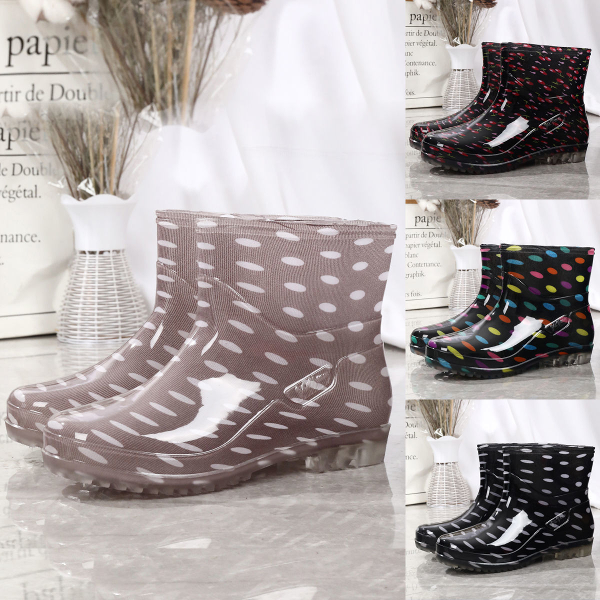 four seasons rain boots women‘s short adult fleece-lined rain boots fashion waterproof shoes women‘s non-slip mid-calf rubber shoes shoe cover warm