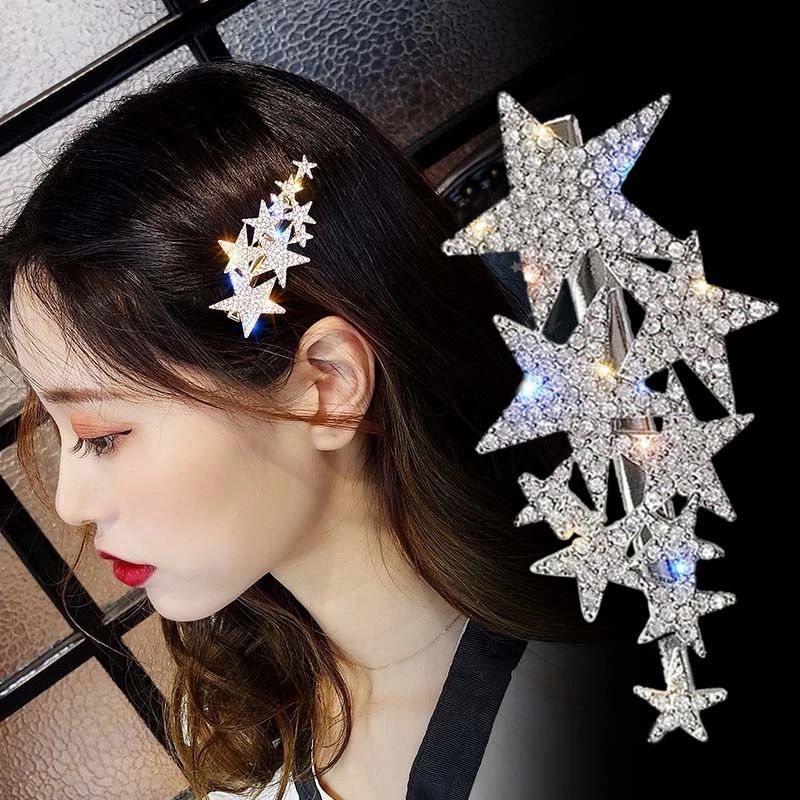 japanese and korean starry rhinestone five-pointed star branch duckbilled hair clip side clip girl side bang clip hair clip headdress