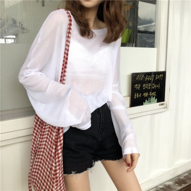 Large Size Women's Clothing 100.00kg Plump Girls Summer Korean Style Retro Loose and See-through Thin Blouse Long Sleeve Sun Protection T-shirt Women