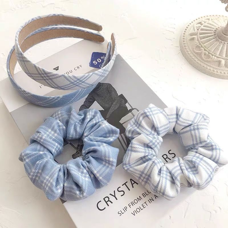Milk Blue Color ~ Sweet All-Matching Blue and White Plaid Hair Band Large Intestine Ring French Hair Rope Retro Headband Headband Hair Accessories