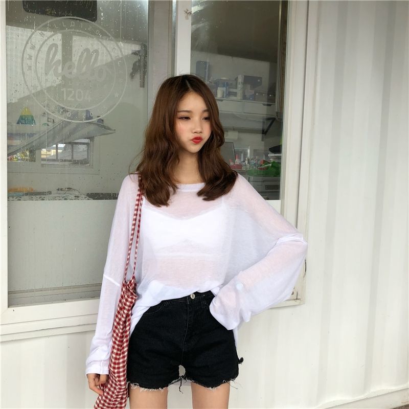 Large Size Women's Clothing 100.00kg Plump Girls Summer Korean Style Retro Loose and See-through Thin Blouse Long Sleeve Sun Protection T-shirt Women