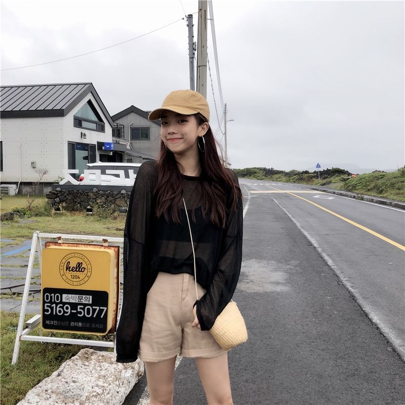 Large Size Women's Clothing 100.00kg Plump Girls Summer Korean Style Retro Loose and See-through Thin Blouse Long Sleeve Sun Protection T-shirt Women