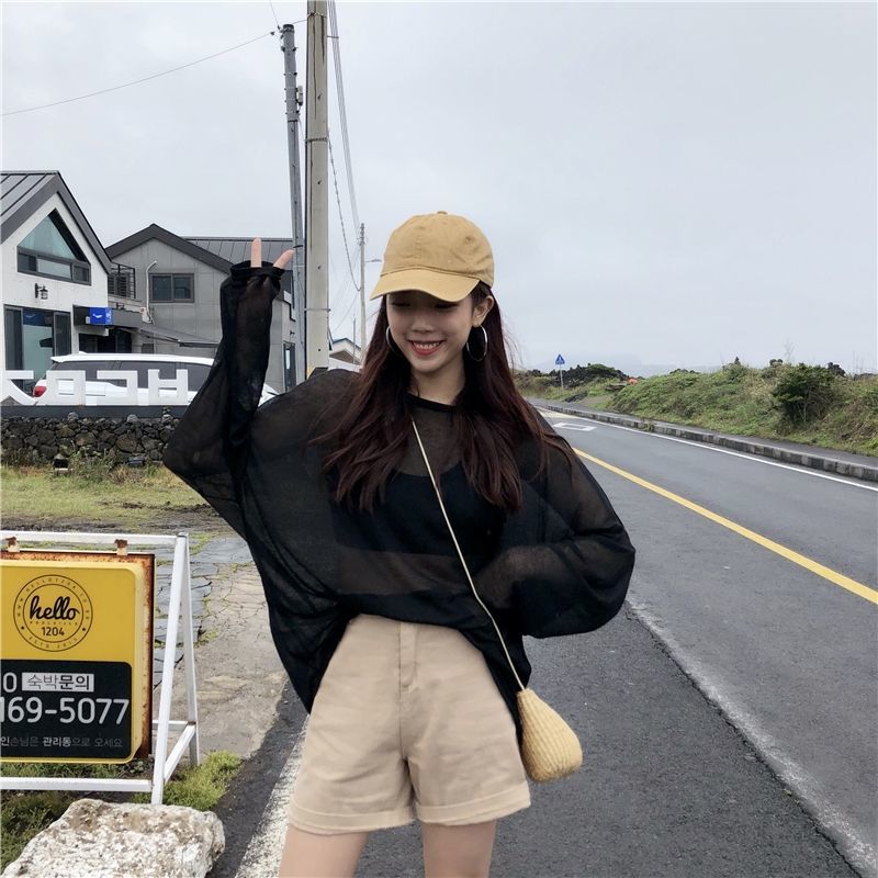 Large Size Women's Clothing 100.00kg Plump Girls Summer Korean Style Retro Loose and See-through Thin Blouse Long Sleeve Sun Protection T-shirt Women