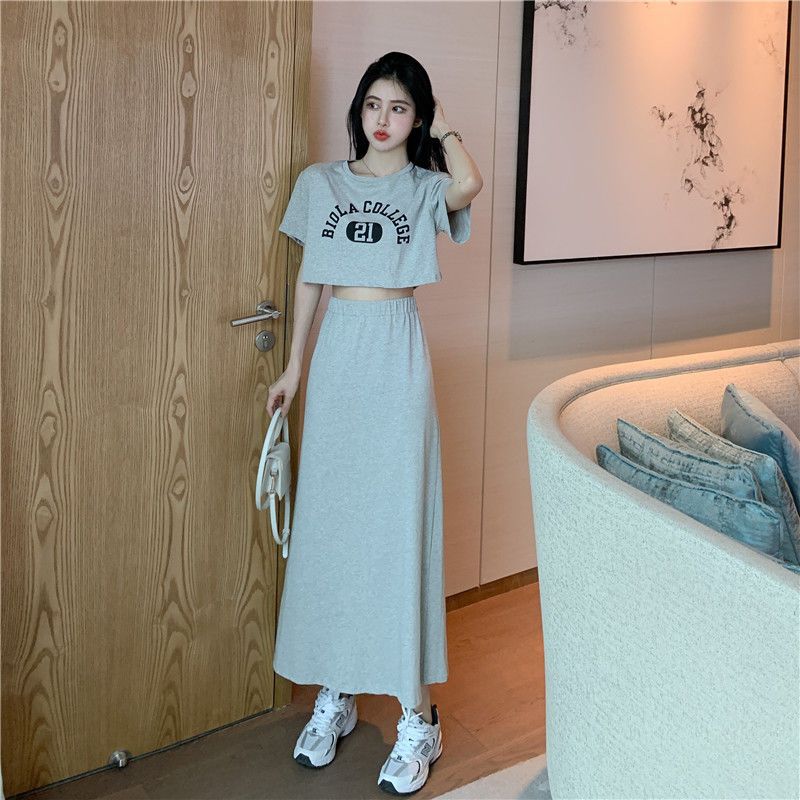 summer suit women‘s hong kong style chic short print t-shirt + high waist skirt salt sweet fashion style two-piece suit