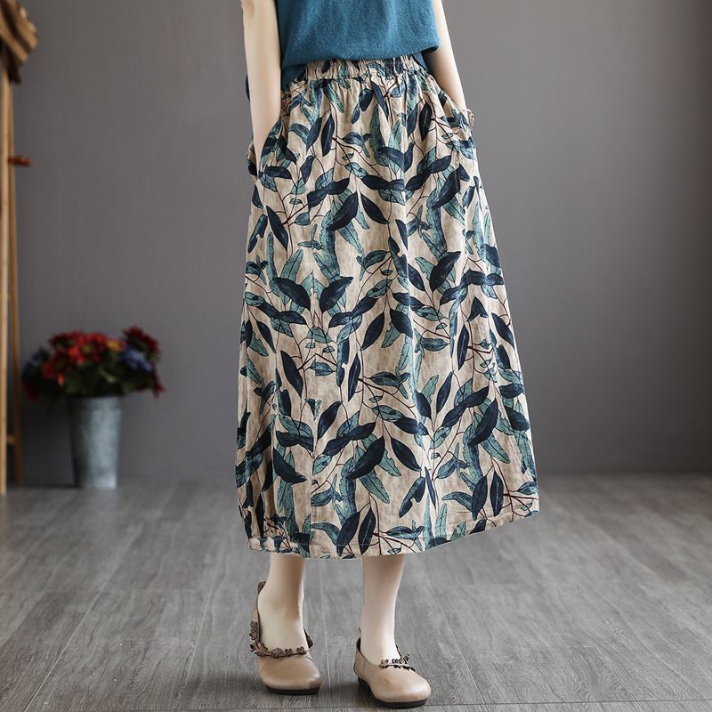 women‘s cotton original artistic retro printing skirt summer new loose drooping plus size slimming a- line skirt