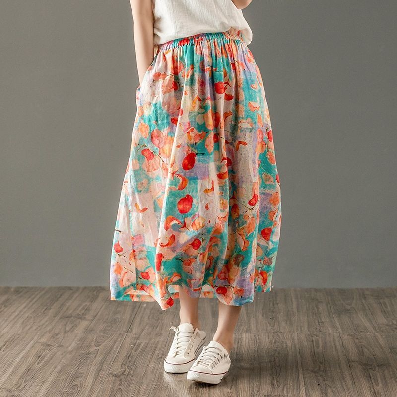 women‘s cotton artistic retro cotton skirt summer travel style profile slimming floral a- line skirt