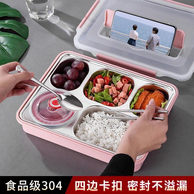 304 stainless steel lunch box fast food plate office worker insulated lunch box student compartment lunch box anti-scald with lid lunch box