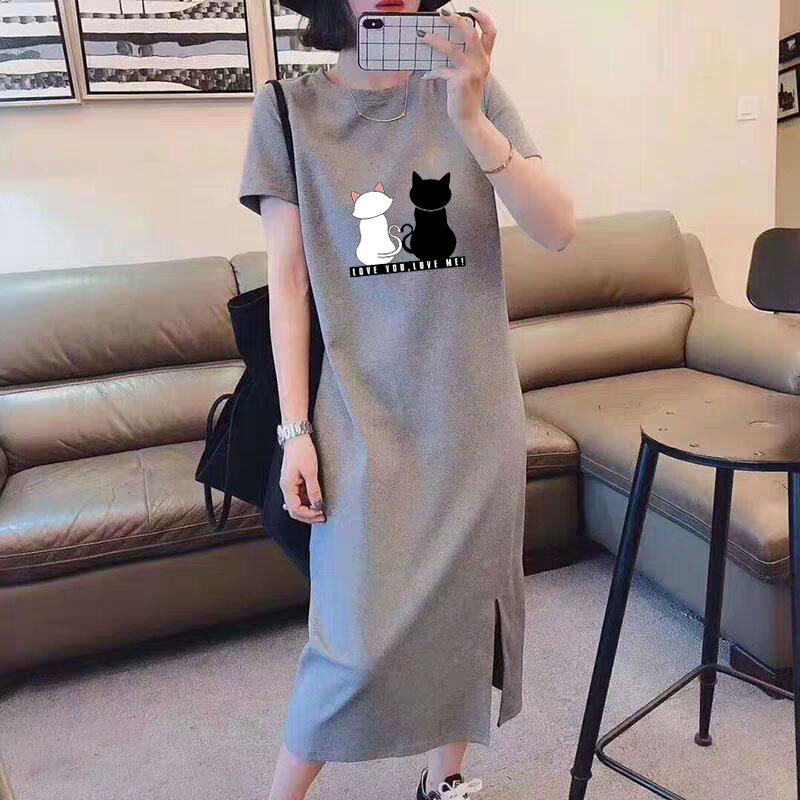 2021 summer new slim dress fashion animal print long slit skirt short sleeve women‘s clothing ins fashion