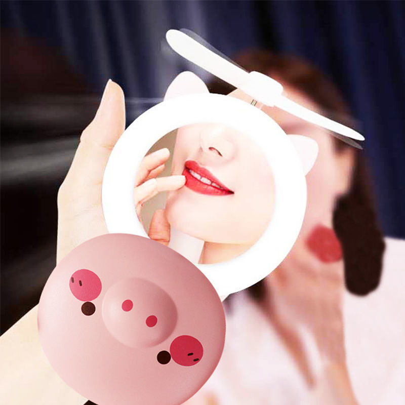 Tiktok Same Style Piggy Makeup Mirror Usb Small Fan with Makeup Mirror Led Fill Light Beauty Portable Rechargeable
