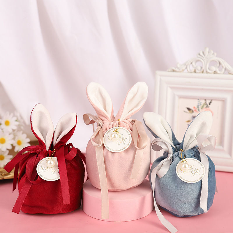 new wedding velvet wedding candy bag rabbit ears gift bag creative wedding candy box ins style woven handbag