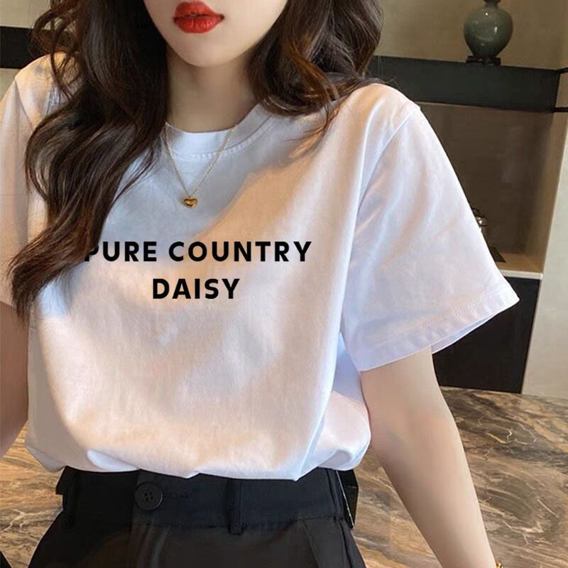 women‘s 100% cotton short-sleeved t-shirt loose white simple printed all-matching top 2023 new