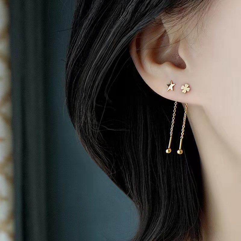 [Titanium Steel Color Retention] Anti-Allergy Korean Style Women's Simple Temperamental Tassels Hanging Earrings Gold Ear-Caring Earrings Earrings