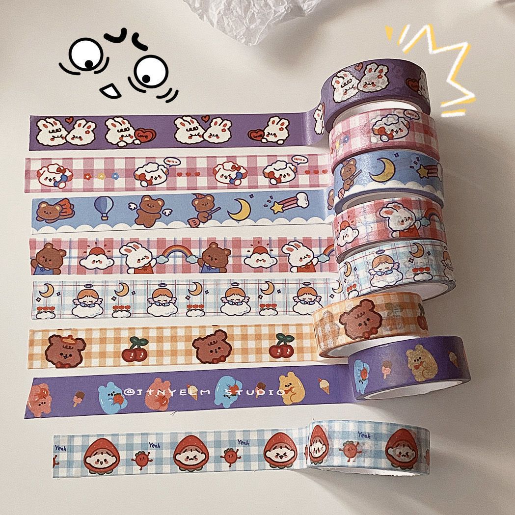 japanese style simple cute diy journal decoration tearable adhesive glassine tape student cartoon bear egg and paper adhesive tape