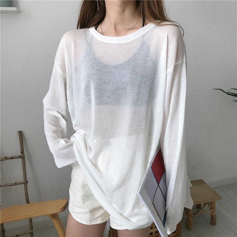 Online Celebrity Amazing Thin Type Sunscreen Ice Silk Long Sleeve T-shirt Women's Summer Korean Style Loose Casual Bottoming Top Ins Super Popular Fashion