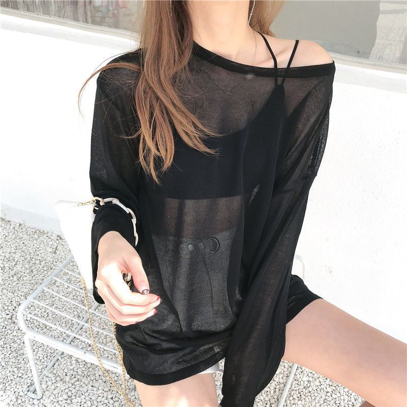 Online Celebrity Amazing Thin Type Sunscreen Ice Silk Long Sleeve T-shirt Women's Summer Korean Style Loose Casual Bottoming Top Ins Super Popular Fashion