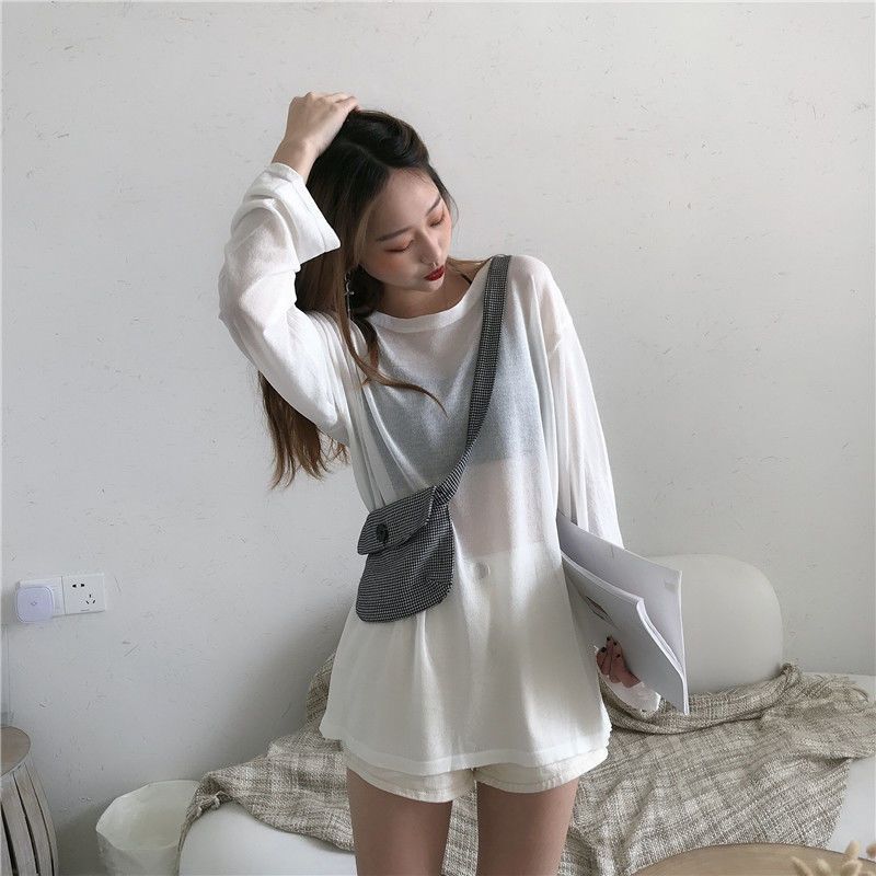 Online Celebrity Amazing Thin Type Sunscreen Ice Silk Long Sleeve T-shirt Women's Summer Korean Style Loose Casual Bottoming Top Ins Super Popular Fashion