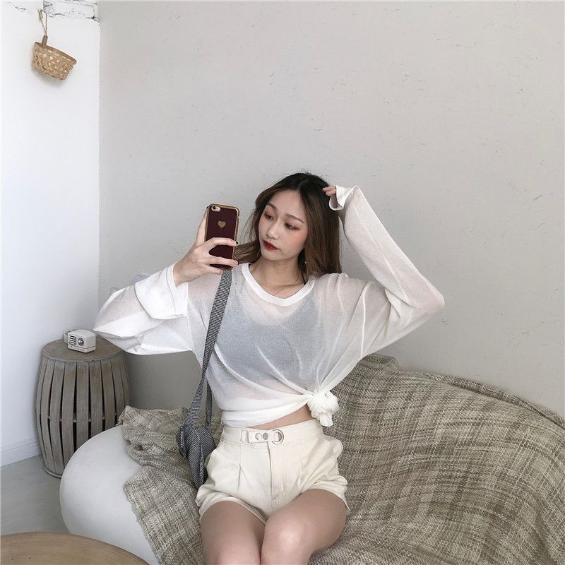 Online Celebrity Amazing Thin Type Sunscreen Ice Silk Long Sleeve T-shirt Women's Summer Korean Style Loose Casual Bottoming Top Ins Super Popular Fashion