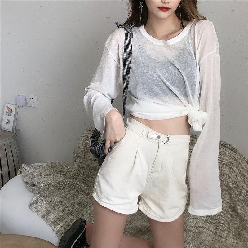 Online Celebrity Amazing Thin Type Sunscreen Ice Silk Long Sleeve T-shirt Women's Summer Korean Style Loose Casual Bottoming Top Ins Super Popular Fashion