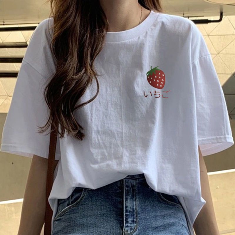 100% cotton short-sleeved t-shirt women‘s white bottoming shirt summer new korean style loose printed top for students ins fashion